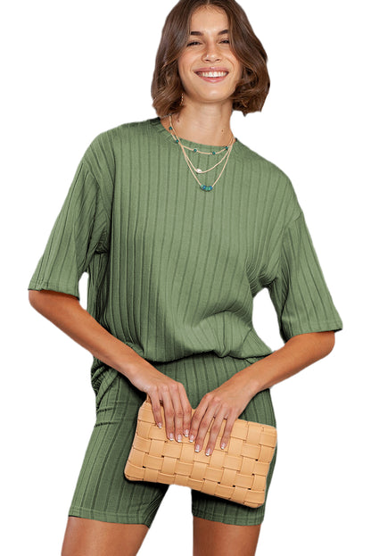 Green Ribbed Knit Drop Shoulder T Shirt & Shorts Two Piece Shorts Sets