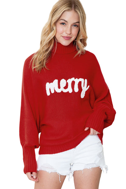 Red Turtle Neck Batwing Sleeve Merry Christmas Sweater