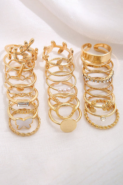 Gold 24Pcs Butterfly Leaf Hollowed Heart Twisted Ring Set