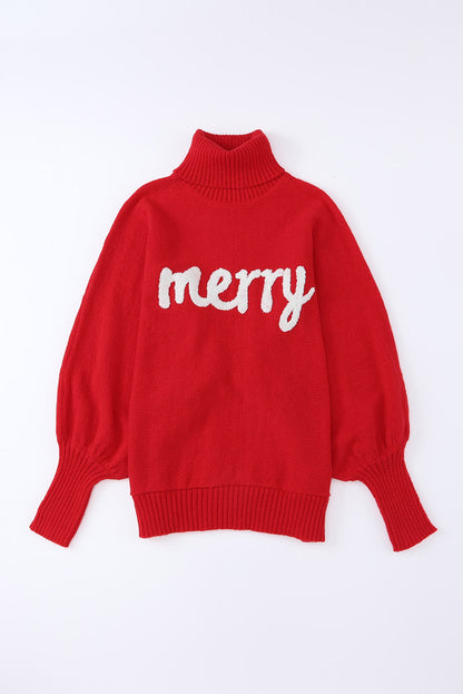 Red Turtle Neck Batwing Sleeve Merry Christmas Sweater