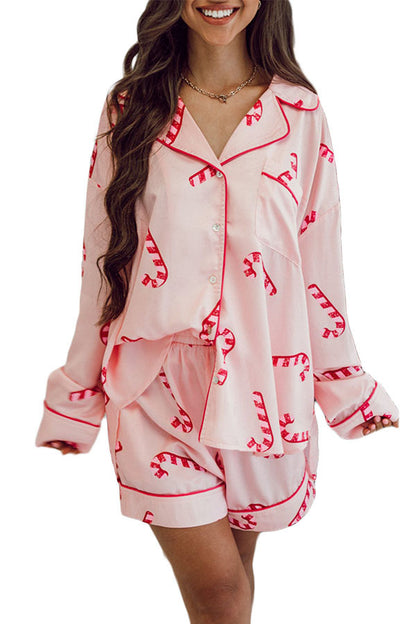 Pink Candy Cane Print Christmas Pajama Set