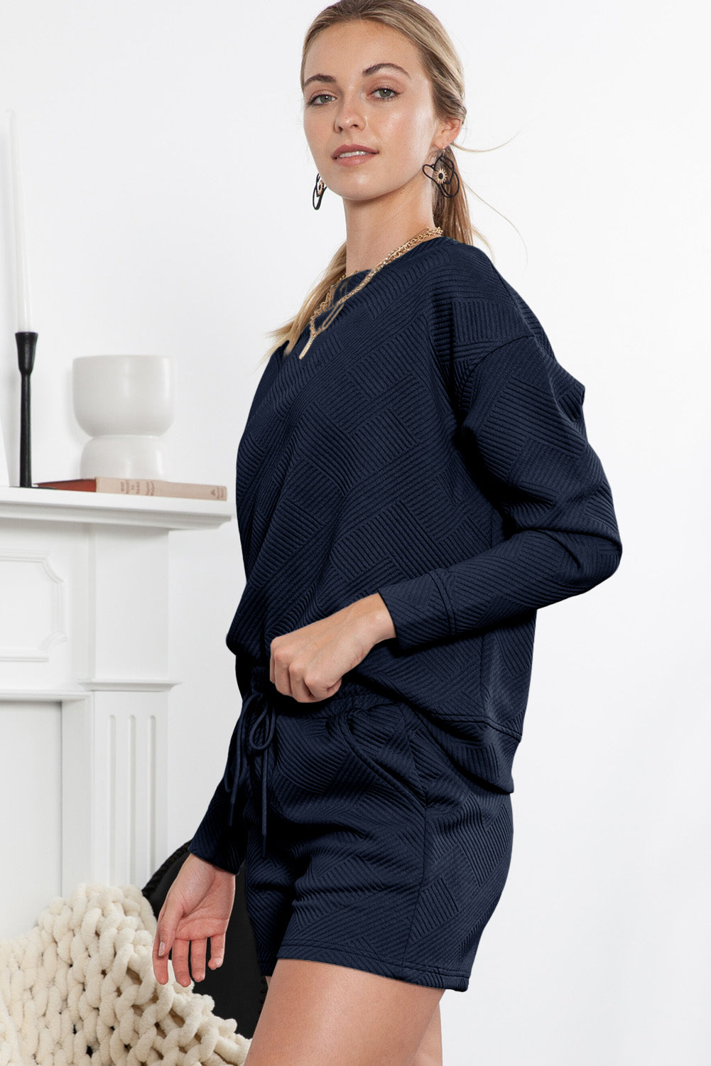 Navy Blue Textured Long Sleeve Top & Drawstring Shorts Set