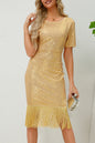 Yellow Cream Sequin Fringe Round Neck Midi Dress