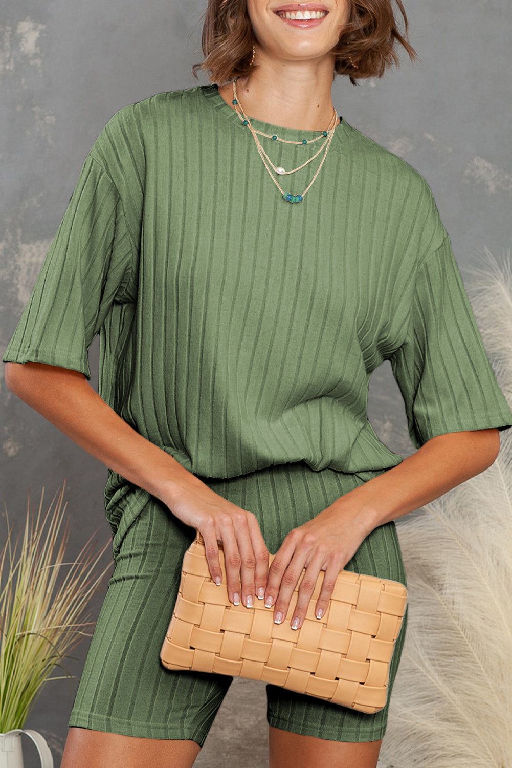 Green Ribbed Knit Drop Shoulder T Shirt & Shorts Two Piece Shorts Sets