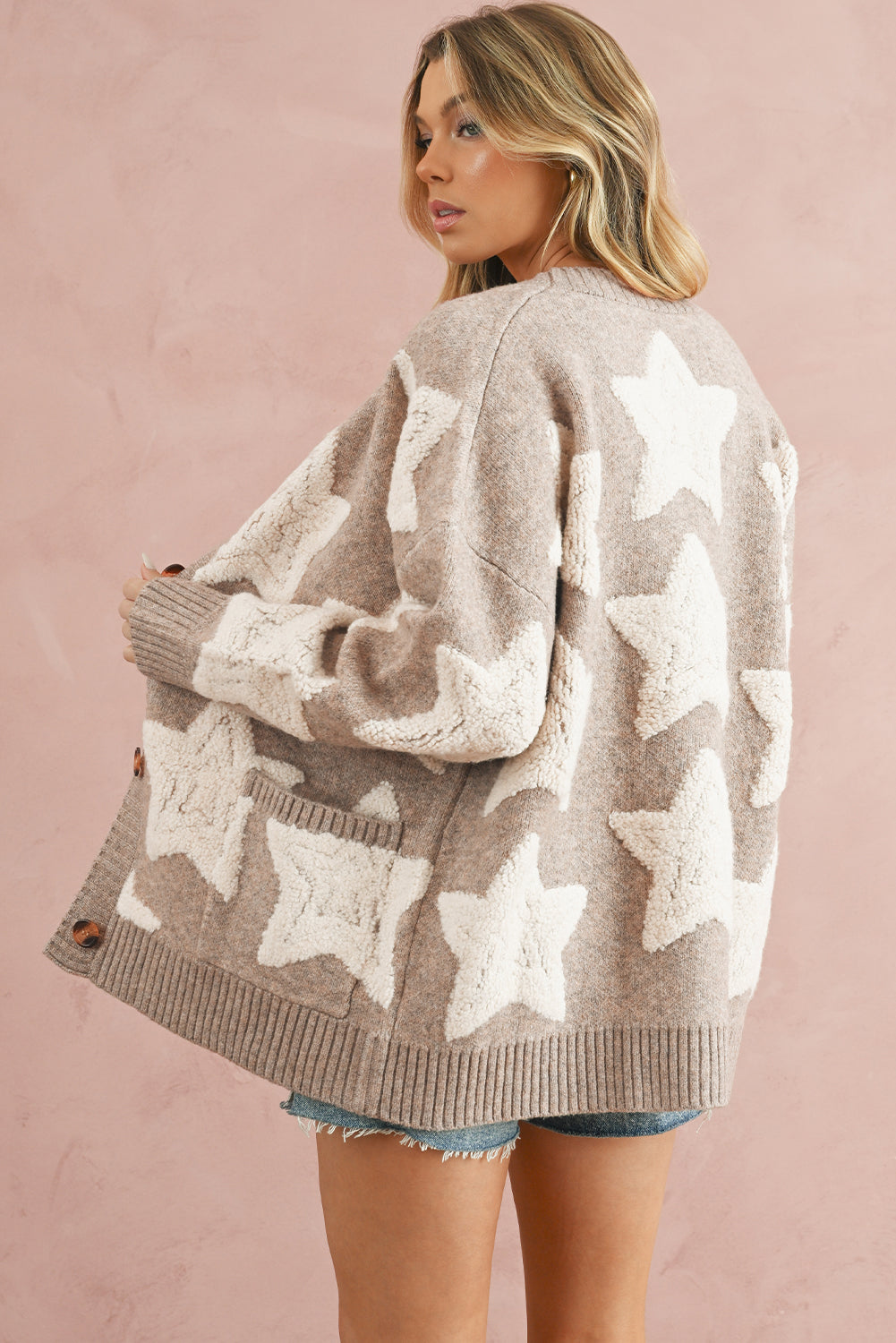 Khaki Star Pattern Pockets Button Front Cardigan