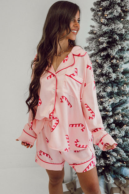 Pink Candy Cane Print Christmas Pajama Set