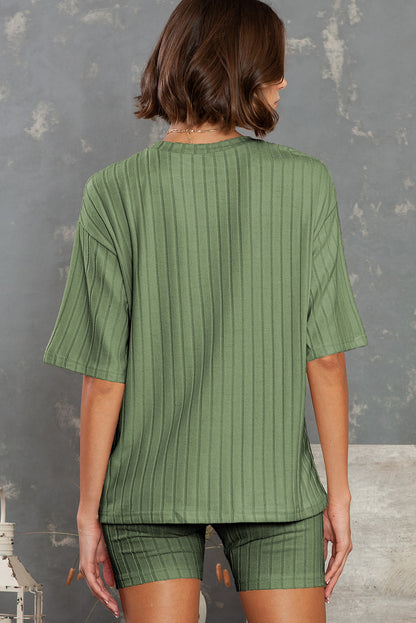 Green Ribbed Knit Drop Shoulder T Shirt & Shorts Two Piece Shorts Sets