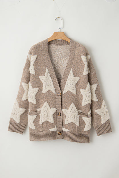 Khaki Star Pattern Pockets Button Front Cardigan