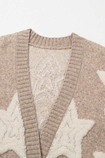 Khaki Star Pattern Pockets Button Front Cardigan