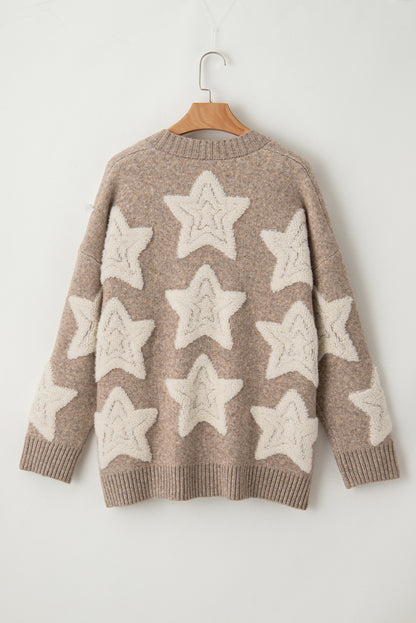 Khaki Star Pattern Pockets Button Front Cardigan