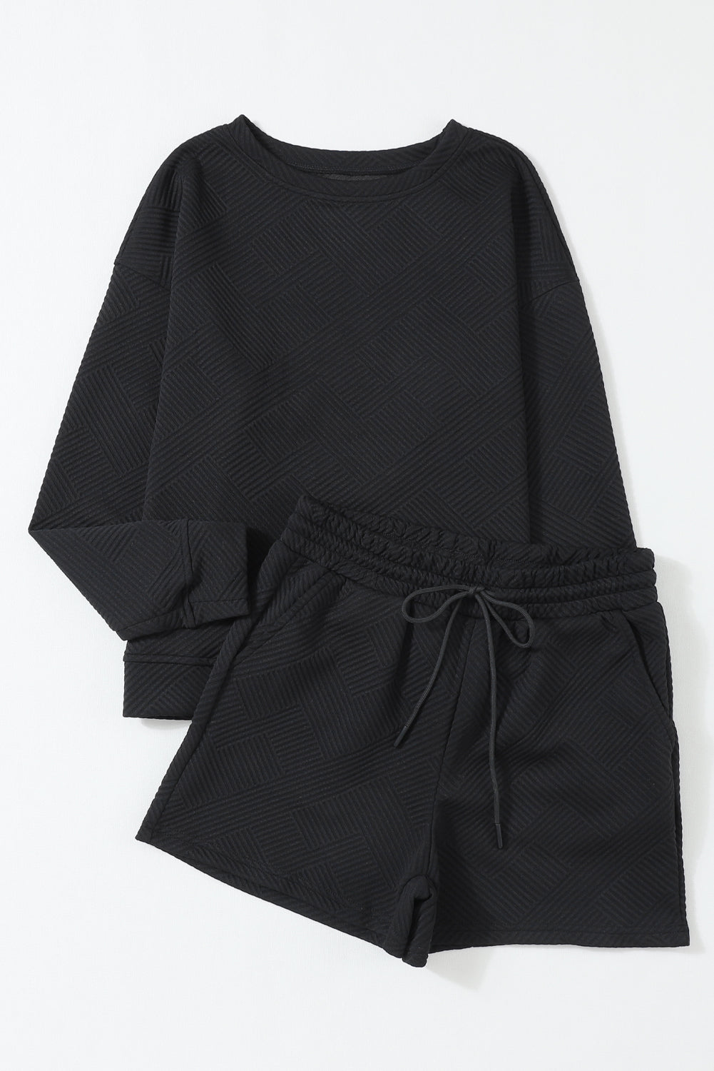 Navy Blue Textured Long Sleeve Top & Drawstring Shorts Set