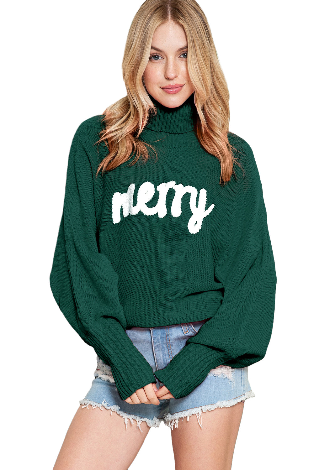 Red Turtle Neck Batwing Sleeve Merry Christmas Sweater