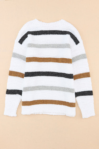 Multicolor Stripes Print Popcorn Drop Shoulder Pullover Sweater