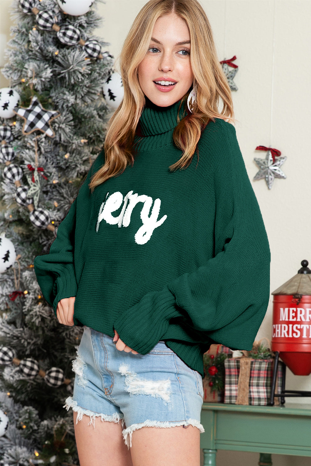 Red Turtle Neck Batwing Sleeve Merry Christmas Sweater