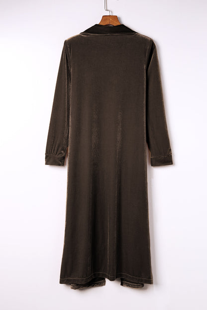 Green Velvet Elegant Pocket Open Front Long Cardigan