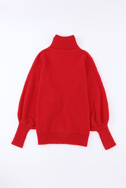 Red Turtle Neck Batwing Sleeve Merry Christmas Sweater